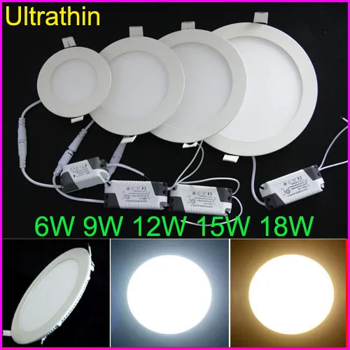 Free DHL 6W 9W 12W 15W 18W Ultrathin LED Ceiling Lights Recessed Downlights 85-265V Led Panel Lighting With Power Driver Spotlight Bulb Lamp