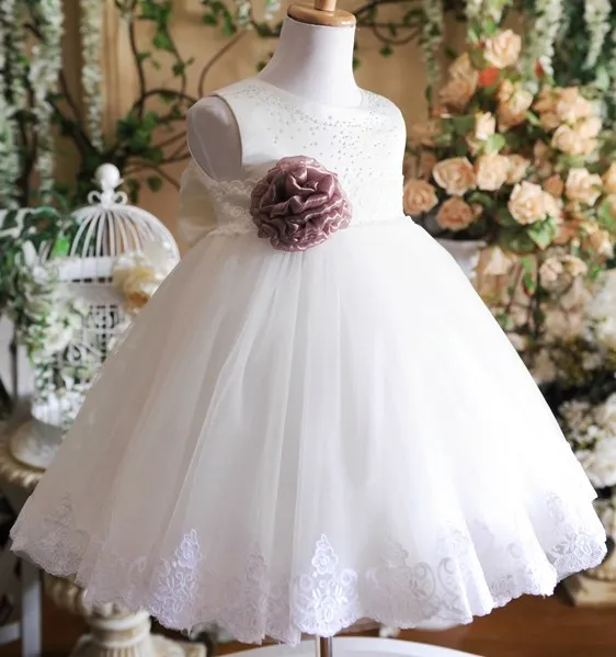 2017 White Bow Flower Girl Dresses Princess Girls Pageant Kids Tulle Floor Length Communion Wedding Party Gown