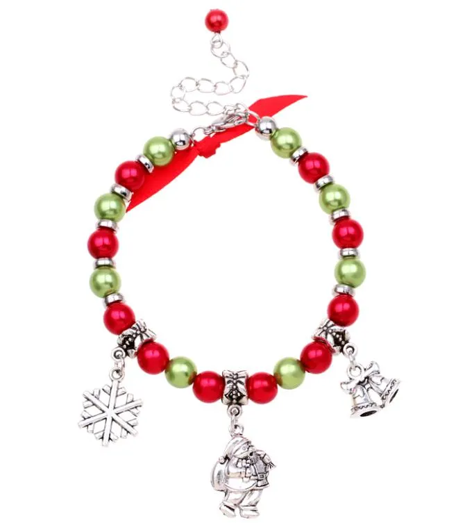 Christmas Gift Fashion Jewellery Bracelets Snowflake Santa Claus Bell Imitation Pearl Beads Charm Bracelet Hand Chain