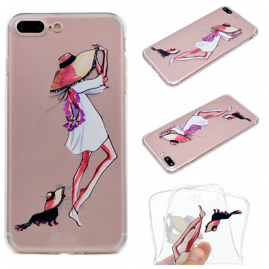 For iPhone 5 5s SE 6 6s 7Plus Case Transparent Clear Soft TPU Back Cute Girl Cover For iPhone 8 iPhone8 Plus Case