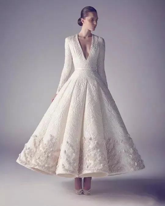 1950 년대 무도회 드레스 순수한 흰색 아시 스튜디오 긴 소매 딥 브이 넥 새틴 구슬 맞춤형 맞춤 파티 가운 무료 배송