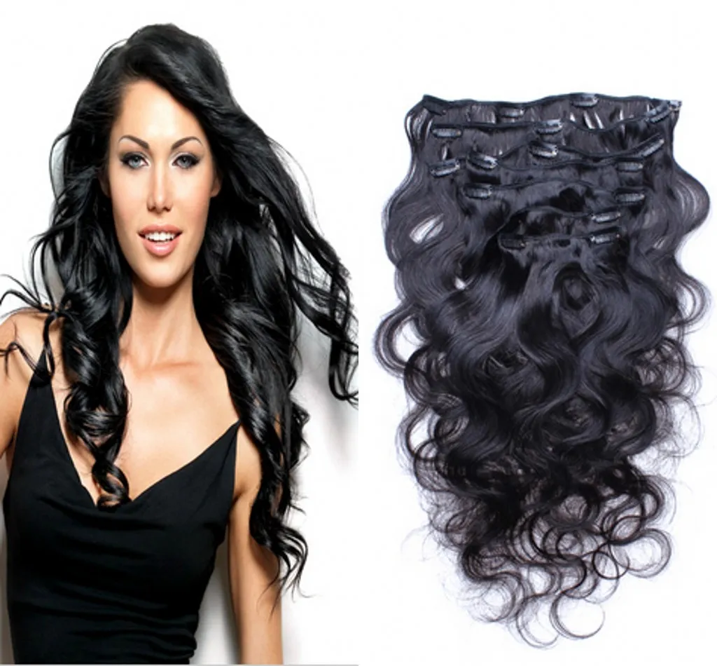 Braziliaanse Virgin Hair Body Wave Clip in Human Hair Extensions 7 stks / set 120G Full Head Set Natural Black Color