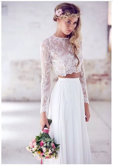 2021 Due pezzi Crop Top Abiti da sposa bohémien Chiffon increspato Lunghezza pavimento Abiti da sposa Primavera pizzo manica lunga Weddi323V