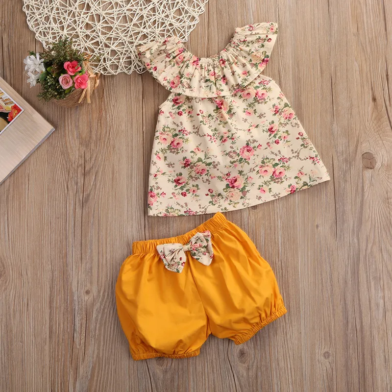 Cotton Baby Girl Clothes Summer Flower Girls Clothing Set Cute Kids Baby Girls Clothes Sets T Shirt Tops + Shorts Boutique Girls Set