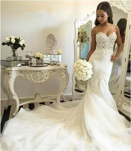 2020 Cheap Sexy Plus Size Mermaid Wedding Dresses Spaghetti Straps Lace Appliques Pearls Illusion Tulle Long Court Train Formal Bridal Gowns