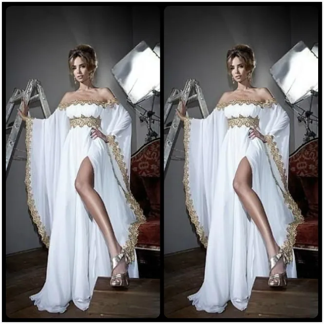 Estilo árabe mangas compridas Laço de ouro e apliques brancos Chiffon Abaya Kaftan Noite vestidos de baile com vestidos de festa de fenda alta