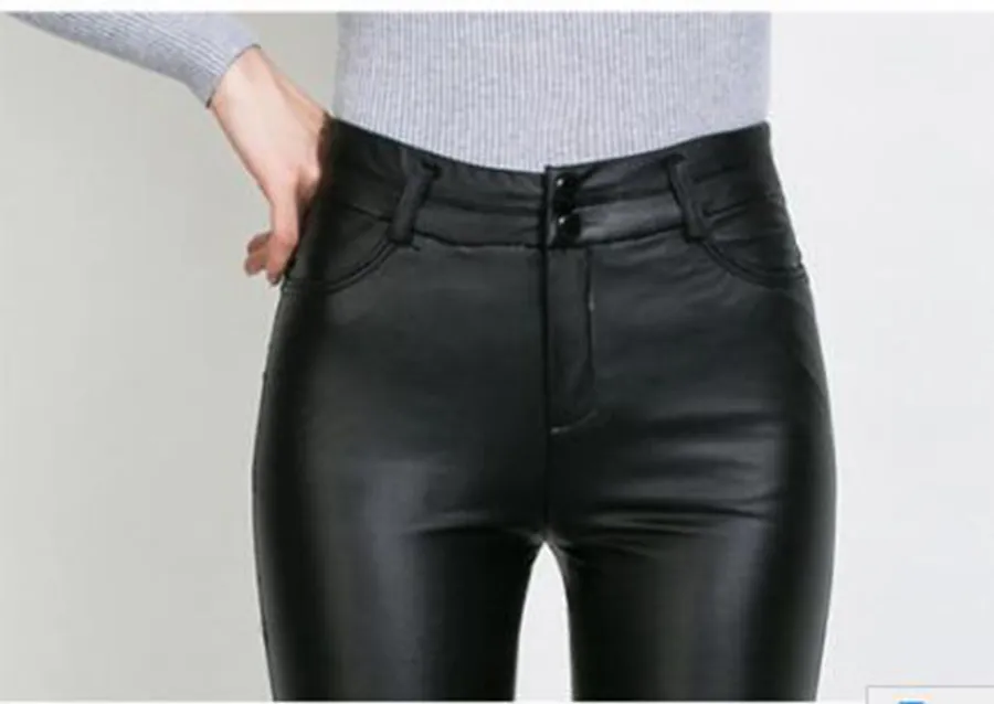 女性漢版カウンター本物の新しい冬のレジャーファッションの高い腰の暖かいタイトな革のズボンは薄い大きなヤードを鉛筆を示しています。 S  -  3XL