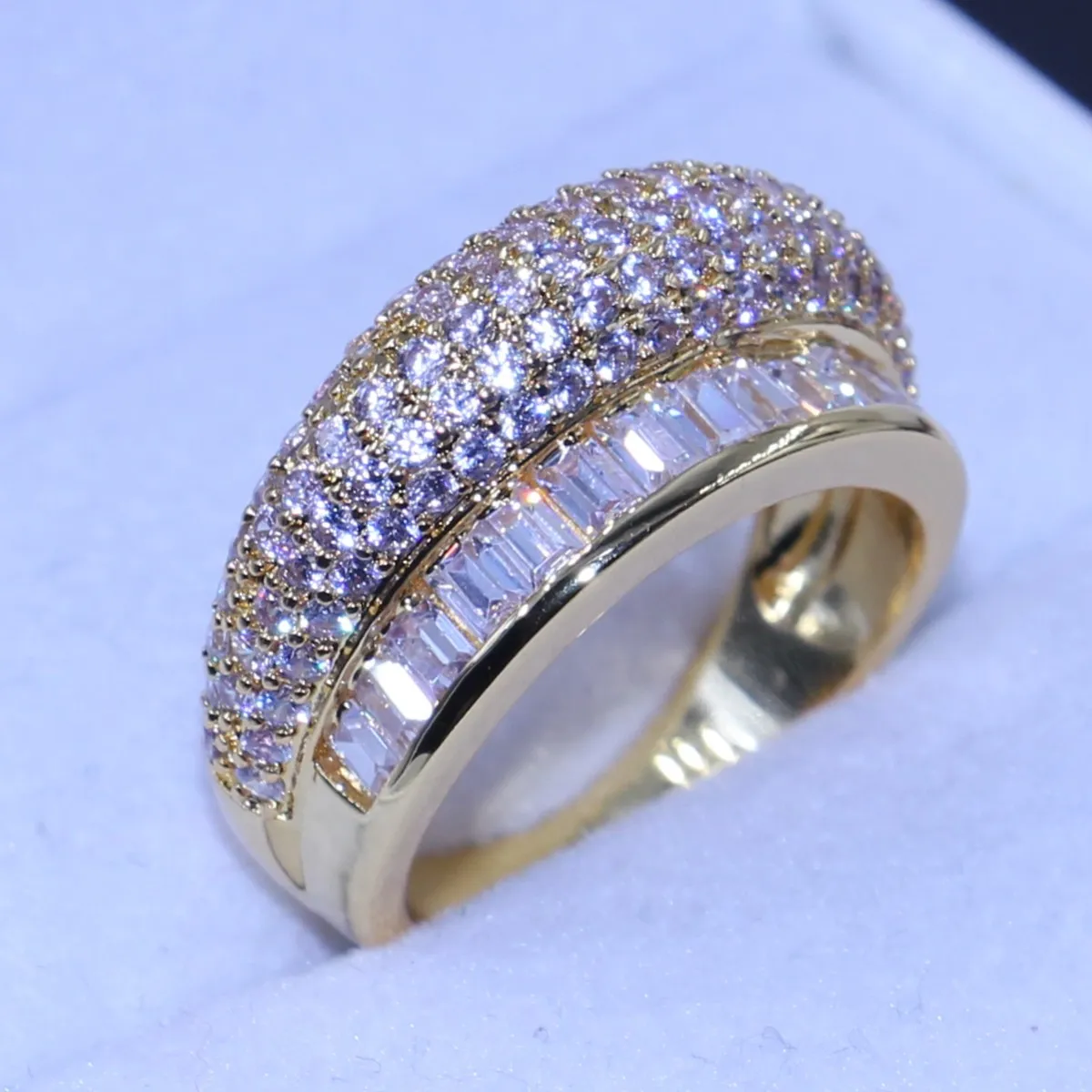 Размер 6/7/8 новое прибытие топ продажи роскошных ювелирных изделий 10kt желтого золота заполнены палец кольцо проложить белый сапфир сверкающие CZ Алмаз женщины кольцо