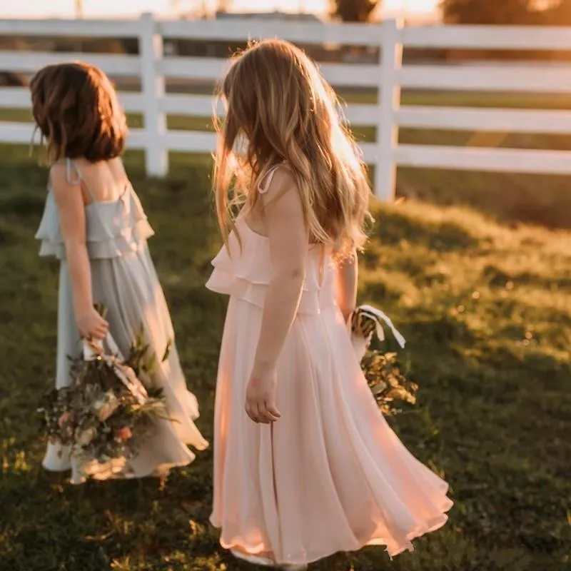 Spaghetti riemen bloem meisje jurken chiffon tiered meisjes pageant jurken 2018 snoep kleur kinderen trouwjurk