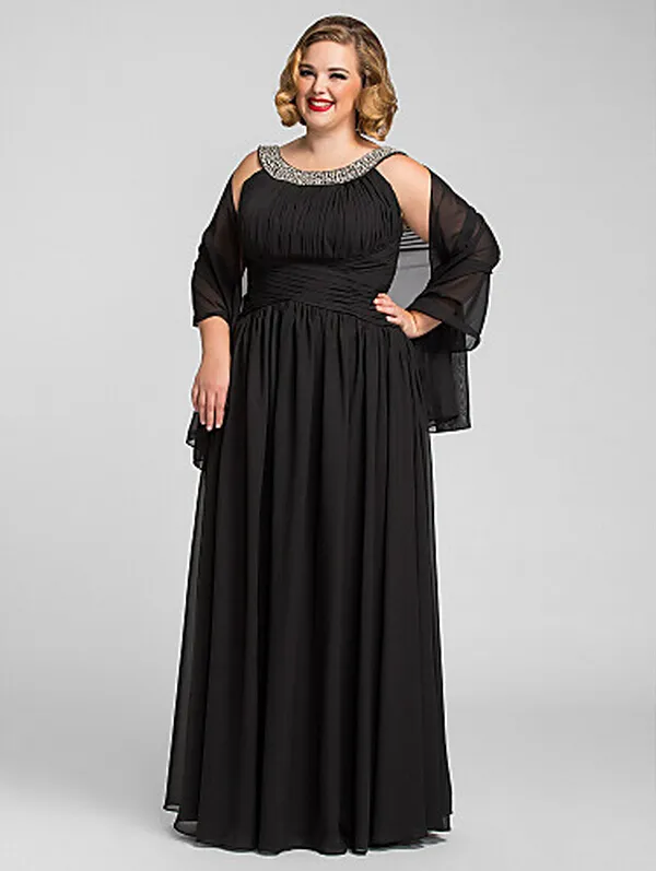 Sexy Plus Size A-line Jewel Floor-length Chiffon Evening/Prom Dress With Shawl