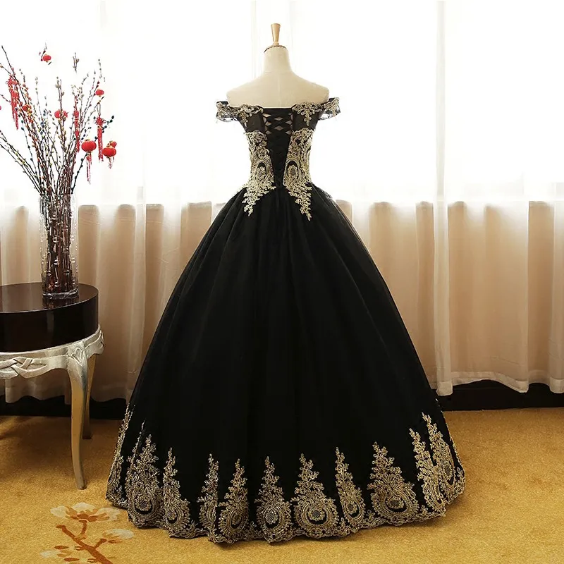 Robe de bal robe de bal 2022 noir et or dentelle tulle hors de l'épaule tulle manches courtes longue pas cher corset dos soirée robe de soirée