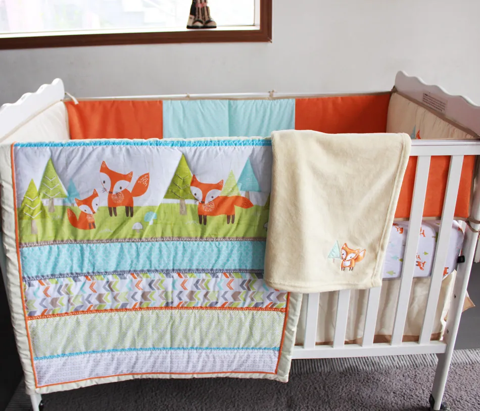 Conjunto de roupa de cama para bebê bordado 3D raposa da pradaria 7 peças 100% algodão conjunto de cama para berço para educação infantil