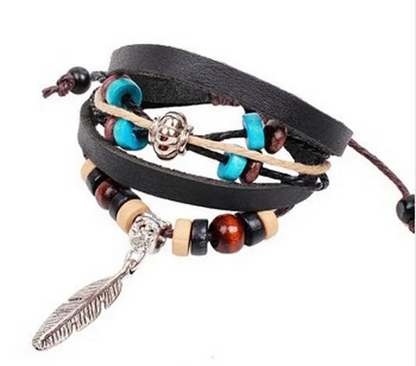 Mehrschichtige Wickelarmbänder aus echtem Leder, Armreifen, Strang-Perlen, Charms-Armbänder, Damenarmbänder, Geschenke, Blatttropfen, Schwarz