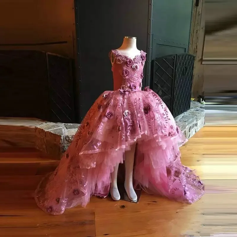 Prawdziwe zdjęcie Kwiat Girl Sukienki na ślub Wysoki Niski Różowe i Purpurowe Dziewczyny Koronki Suknia Koronkowa Ręcznie Made Flower Kids Formalna suknia