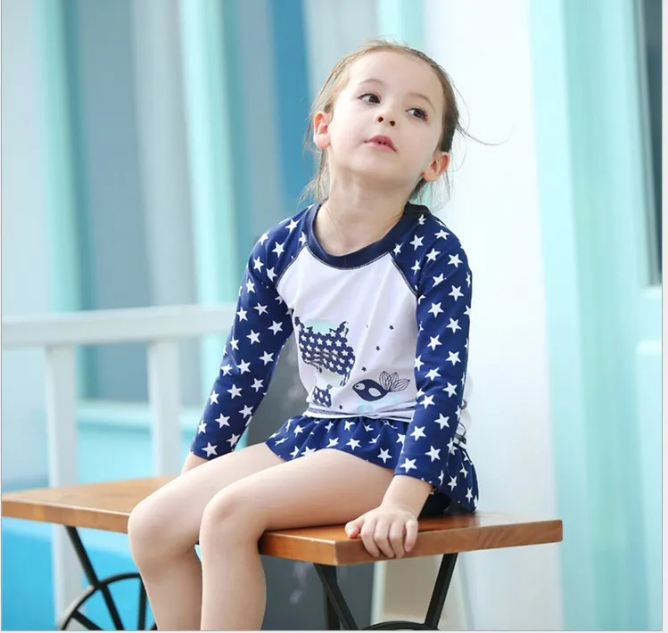 2018 Baby Girls Summer Swimwear Kids Stars Printed Cartoon Swimsuit Baby Long Sleeve Tshirt TopsTutu Skirt Hat set Girl Sw7002899