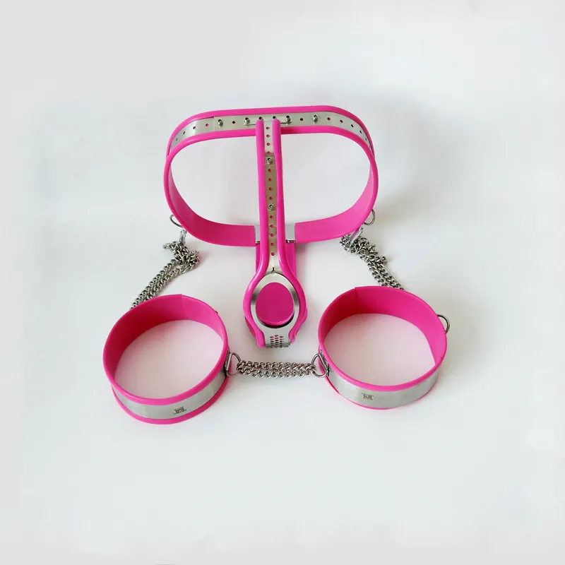 Il più nuovo dispositivo di castità femminile Abito BDSM Cintura di castità maschile di tipo T + Polsini della coscia + butt plug + Giocattoli sessuali Virgin J1152
