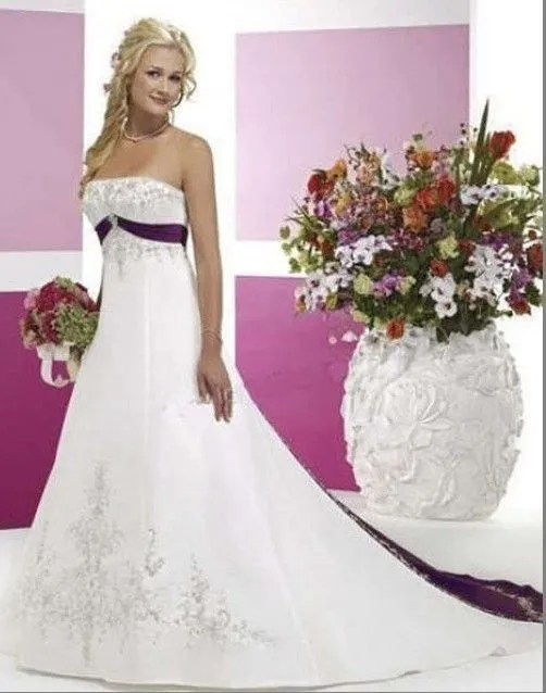 Venda quente novo elegante branco e roxo emboridery vestidos de casamento sem mangas de cetim tribunal treinar vestidos de noiva sem alças