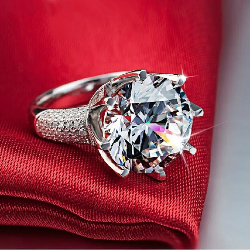 Biżuteria Kobiety Solitaire Okrągły Cięcie Big 8CT Topaz DiaMonique Symulowane Diament 925 Sterling Silver Wedding Bandal Band Ring Prezent Rozmiar 5-10