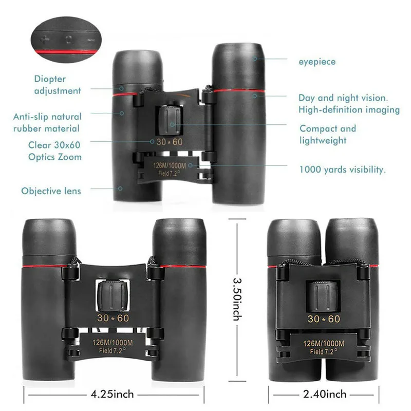 SAKURA BINOCULARS 30x60 Zoom Outdoor Travel Folding Day Vision Binoculars Telescope 126m To 1000m Black