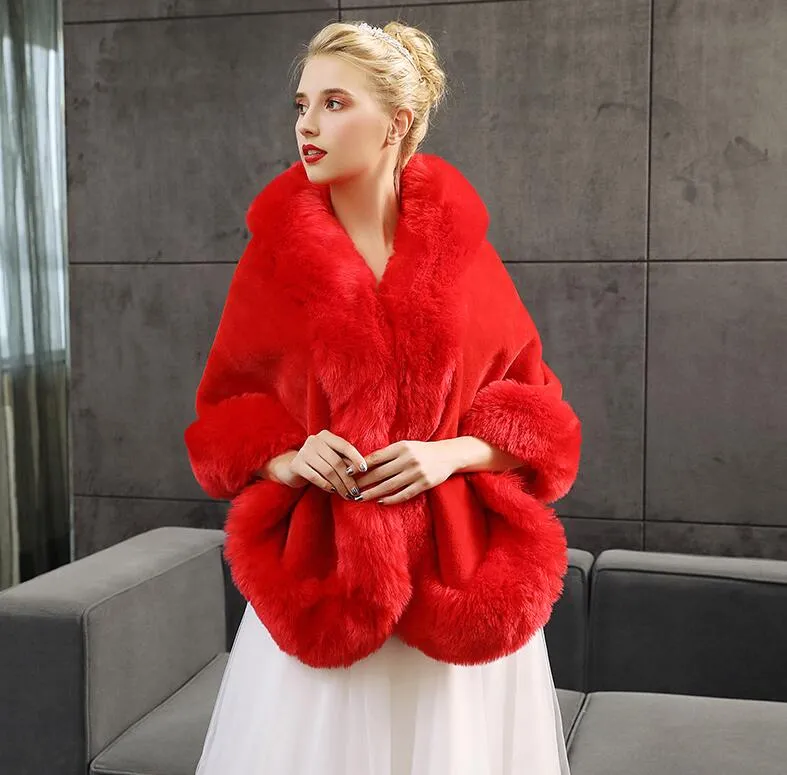 Winter Wedding Cloak Bridal Faux Fur Wraps Varm sjalar Ytterkläder Koreanska Stil Kvinnor Jacka Prom Evening Party PDK068