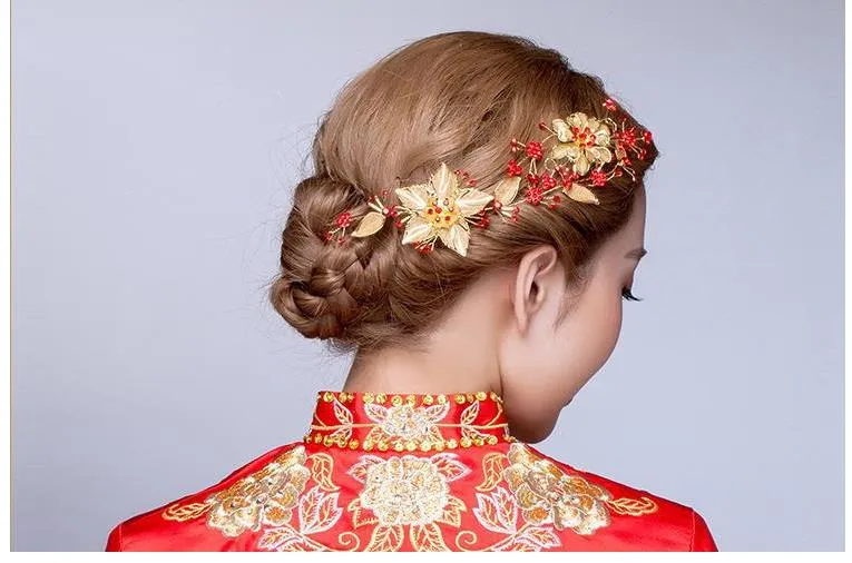 빨간색 중국어 신부 머리 장식 의상 쇼 헤어 의류 액세서리 보석 결혼식 토스트 드레스 와우 꽃