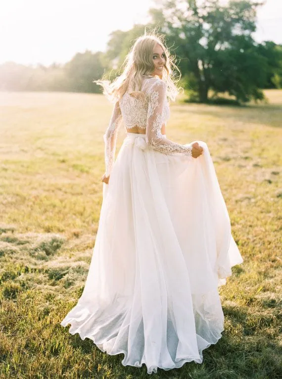 Country Wedding Dresses Two Piece Scoop Lace Chiffon Beach Wedding Dresses Sheer Neck Beautiful Long Sleeve Bohemian Wedding Dresses Berta