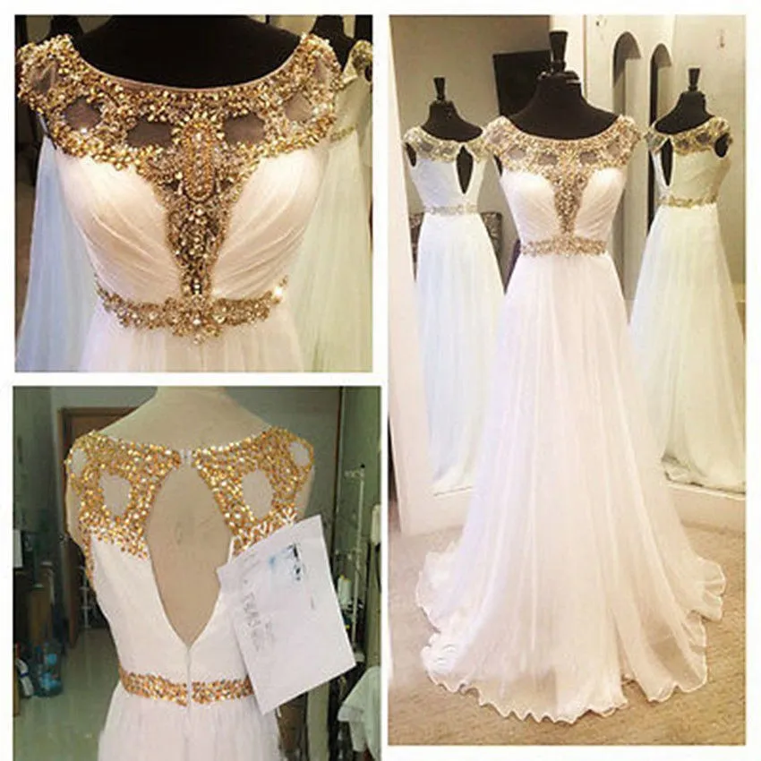 Gold And White Prom Dresses Sheer Neck Beaded Crystal Vestidos De Novia