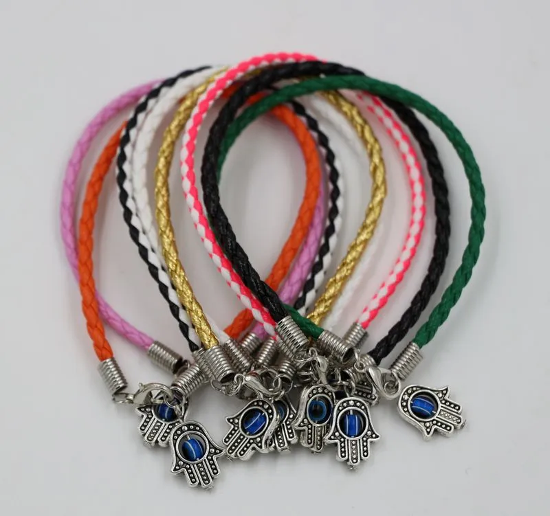 Hot ! HAMSA HAND "Turkey eyes" Mixed Leather Bracelet - Lucky Charm Pendant Bracelet 17 -21cm