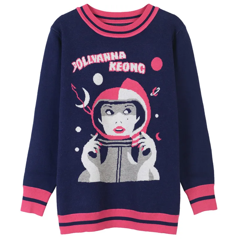 2018 Royal Blue Spacewomen Letter Print Pullover Women Brand Same Style Knitting Women`s Sweaters Runway Style Sweaters 110108