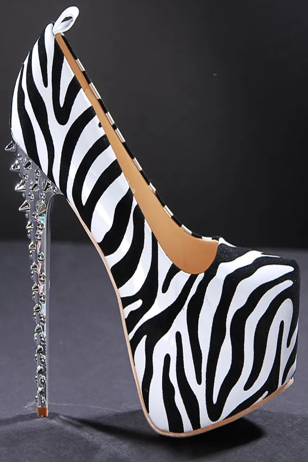 Zebra Sukienka Buty Cienkie wysokie obcasy z przesadnymi platformami nitami Obuwie Kobiety 16 cm Wysokie Stiletto Obszu Pompy Panie Obuwie Damskie Pompy