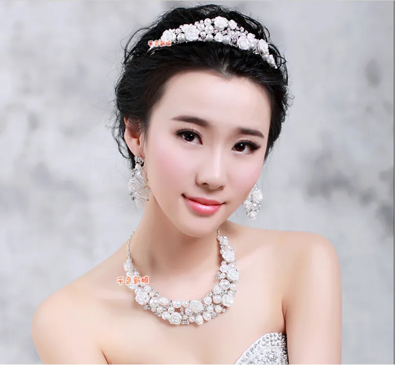 In Stock white Rose pearl bridal jewelry sets necklace+earrings+tiaras crowns rhinestones wedding accessories