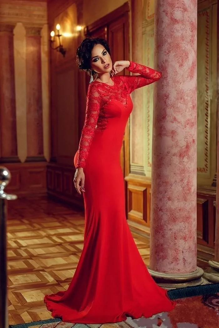 Chegada nova Red Sexy Lace Mangas Compridas Sereia Backless Vestido Formal Aberto Voltar Lace Vestidos de Noite Longos Vestidos de Baile 2016 Custom Made d034