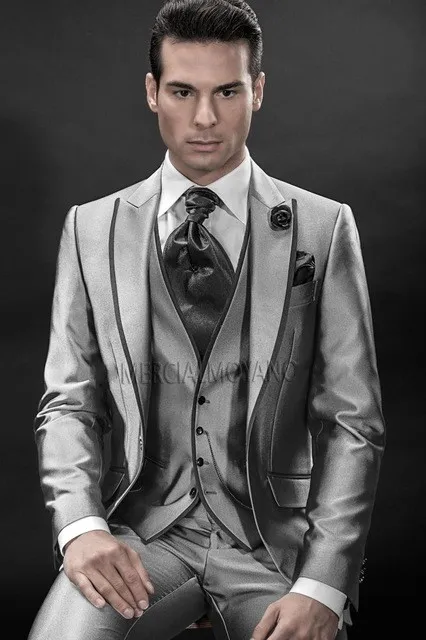 Utmärkt stil One Button Silver Grey Groom Tuxedos Peak Lapel Groomsmen Mens Bröllopsklänningar Prom kostymer (jacka + byxor + väst + slips) H376