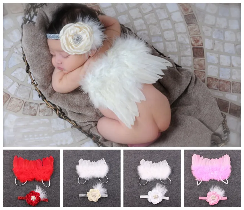 1Set New Feathered Angel Wings + metallic ribbon Headband diamante rose Flower Set Perfect Babies little fairytale costume Photo Prop YM6116