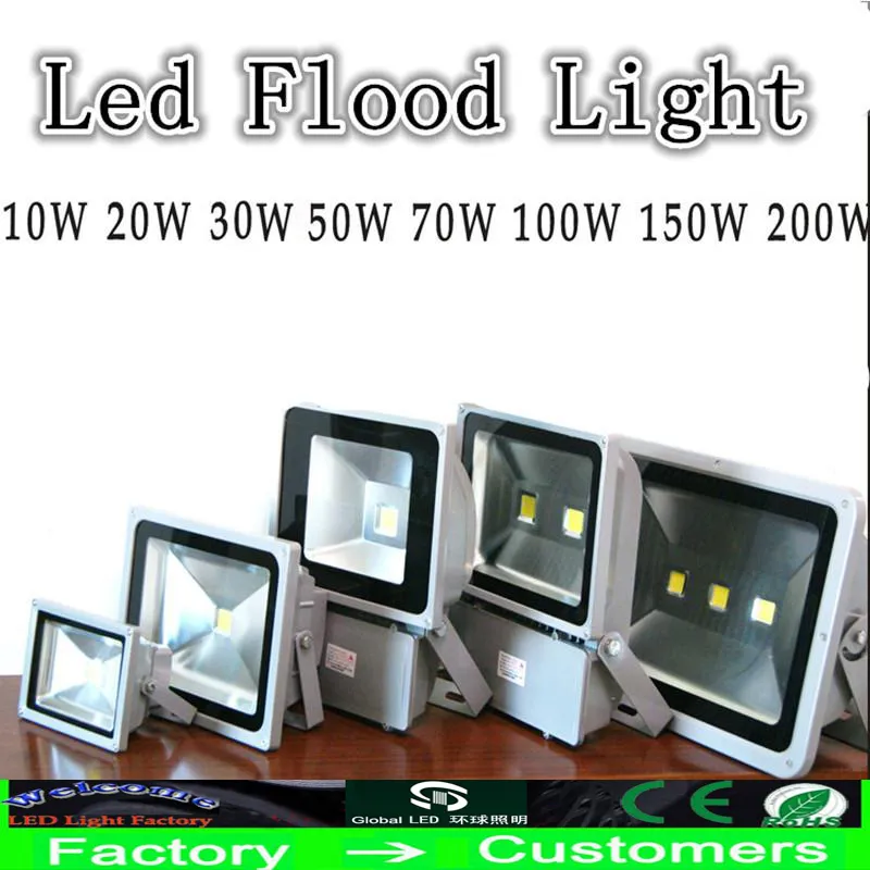 Detaljhandel utomhus LED Floodlight 10W 20W 30W 50W 70W 100W 150W 200W Vattentät Varm Vit Kall Vit COB Landskap Översvämningslampor Väggtvätt Ljus