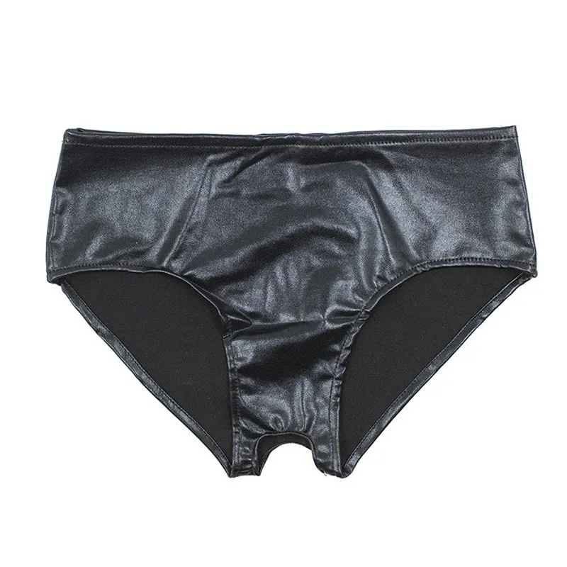 Alta Qualidade Mulheres Calcinhas Sexy Wet Look Preto Faux Leather Briefs Erótico arquivo Aberto Lingerie Íntima Sexy latex Underwear