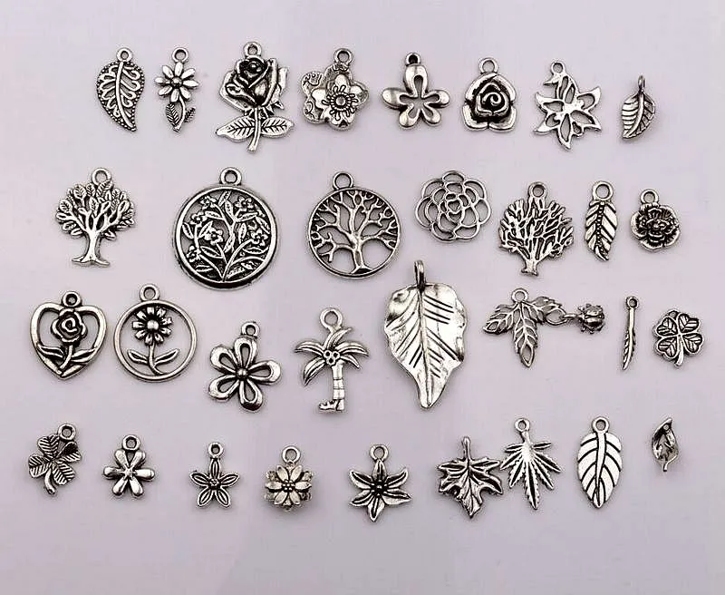 Antique silver mixed flowers trees leaves charm pendants For Jewelry Making Earrings Necklace DIY Accessories311F