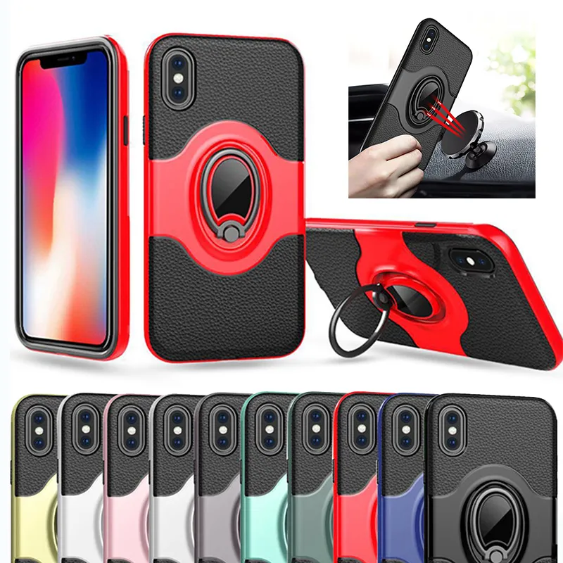 Cell Phone Cases Magnetic Car Ring Holder Case 360 Holder Armor Leather Case Cover For iPhone Pro X Xr Xs Max 8 7 6S Plus e Note 9 8 S8 S9 S10 Plus J8M2