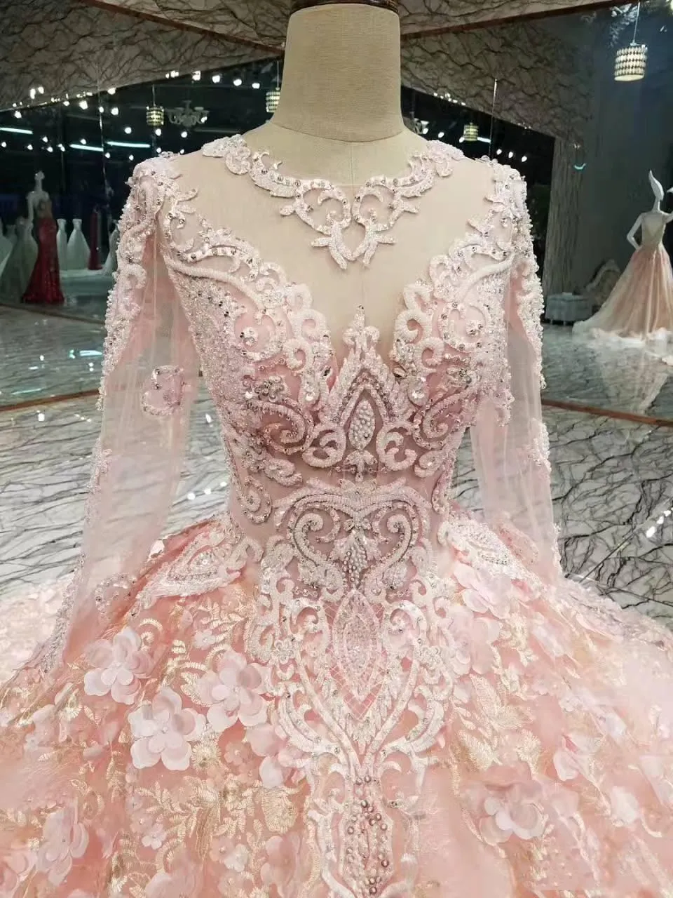 2018 Winter Fall Snow Garden V Neck Ball Gown Long Sleeves Wedding Dresses Western Hands Made Flowers Bridal Wedding Gowns6476026