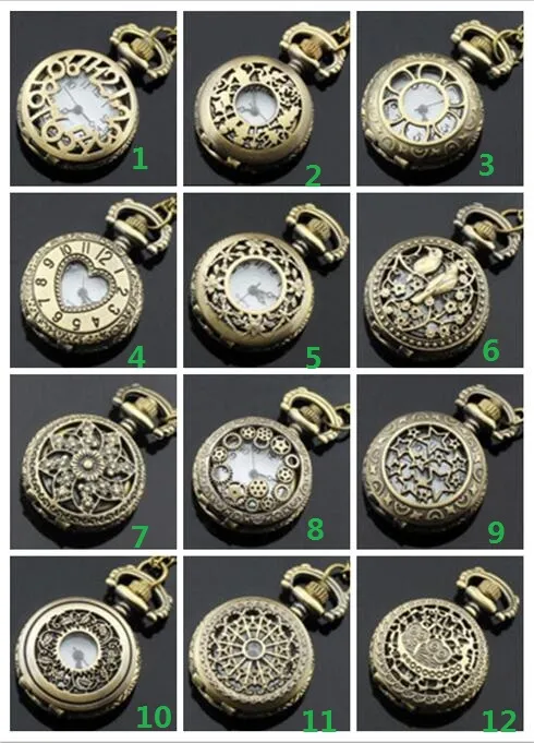 fashion Mixed order 12 style 12pcs Ladies Hollow Pocket Watch Charm Pendant Necklace Unisex Necklace Pocket Watch