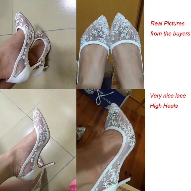 Mooie Hoge Hak Trouwschoenen Kant Rhinestone Spring Bridal Jurk Schoenen Sexy Hollow Transparent Puntige Toe Prom Formele Jurk Schoenen