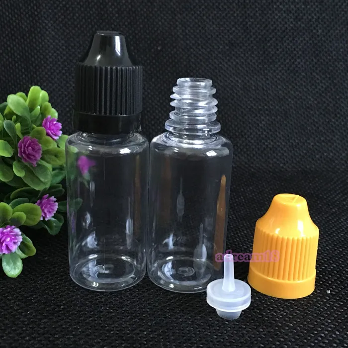 En gros 15 ml PET plastique clair E liquide bouteilles avec bouchon de bouteille à l'épreuve des enfants et longue pointe mince 0.5 OZ compte-gouttes Ejuice bouteilles