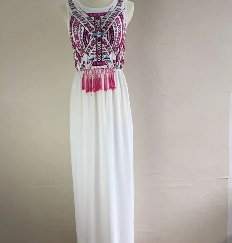 Nuovo 2016 Abbigliamento donna Estate Boho Maxi Abito girocollo Totem Stampa Donna Donna Abiti lunghi Abiti casual senza maniche in chiffon donna