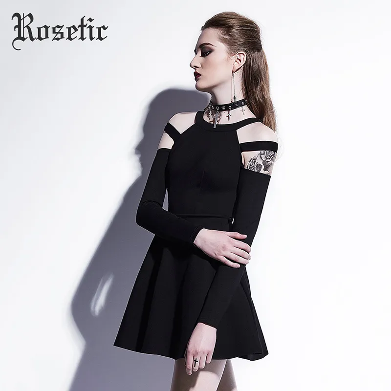 Groothandel - Rosetische Gotische Mini Jurk Zwart Mode Hollow Herfst Dames Casual Jurk Dark Street Wild Sexy Preppy A-Line Goth Mini Jurken