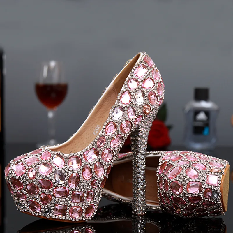 New Arrived Shinny Pink Crystal Rhinestone High Heels Shoes Fashion Luxury Ladies Round Toe Bridal Wedding Dress Shoes