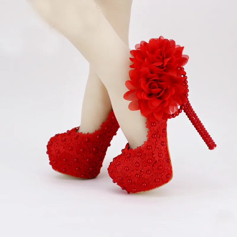 Red Lace Applique Evening Dress Shoes Sapatos Femininos Valentine Women High Heels Bridal Wedding Party Shoes Plus Size