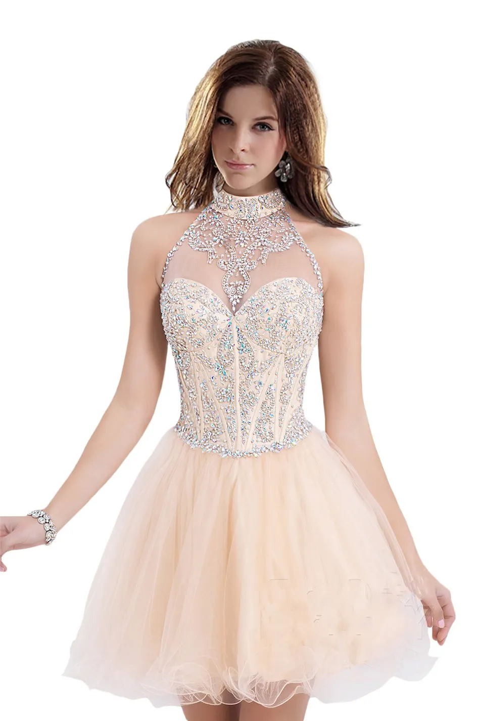 halter neck short homecoming dresses A Line Halter Neck Short Champagne Lace Prom Dress with Belt, Champane Lace  Formal Graduation Homecoming Dress main image 1