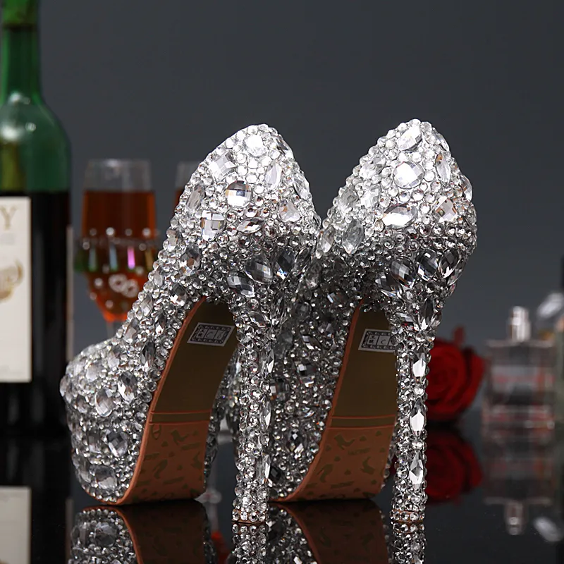 Lüks Mezuniyet Partisi Balo Ayakkabı Yüksek Topuk Gümüş Kristaller Rhinestones Gelin düğün ayakkabı Düğün Parti için Elmas Bayan Ayakkabı