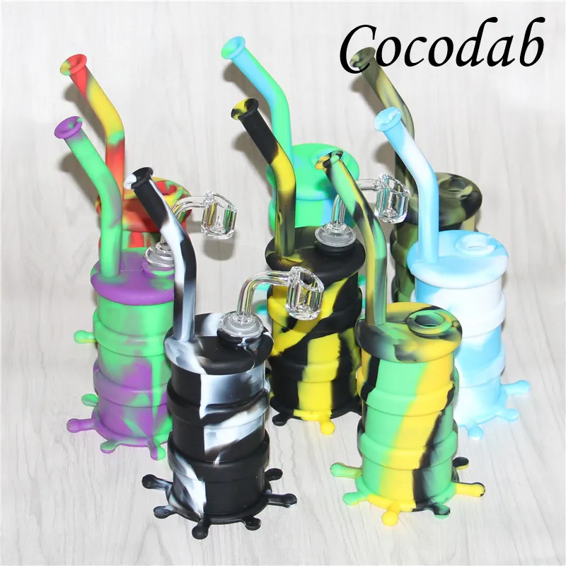 Popular Hookahs Silicon Water Rigs Silicone Drum Bong Oil Dab Rig Pipes With Clear 4mm 14mm Male Quartz Nails