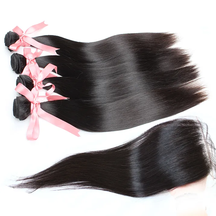 Greatremyﾮ 100 % indische Haarwebart, 4 Bündel, 4 Bündel + 1 Spitzenverschluss, Echthaar, Verlängerung, reines Haar, seidig glatt, natürliche Farbe